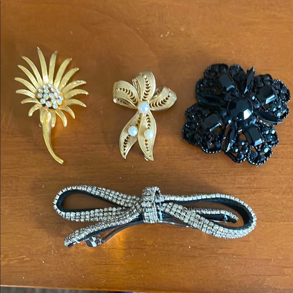 Lapel pins and jeweled hair clip